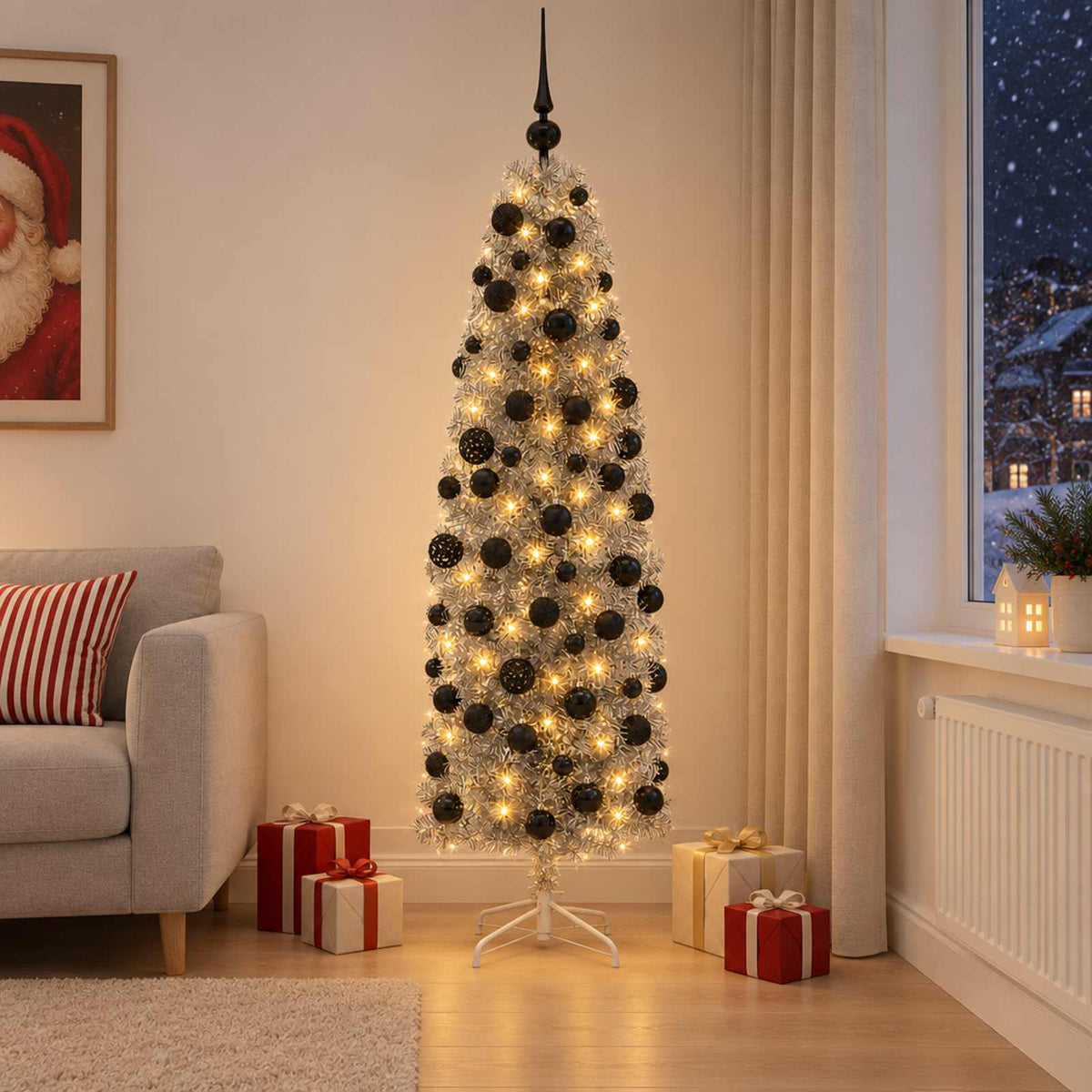 Artificial Slim Christmas Tree with Bauble 150 LEDs 180 cm with LEDs & black balls
