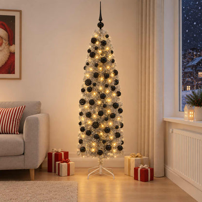 Artificial Slim Christmas Tree with Bauble 150 LEDs 180 cm with LEDs & black balls