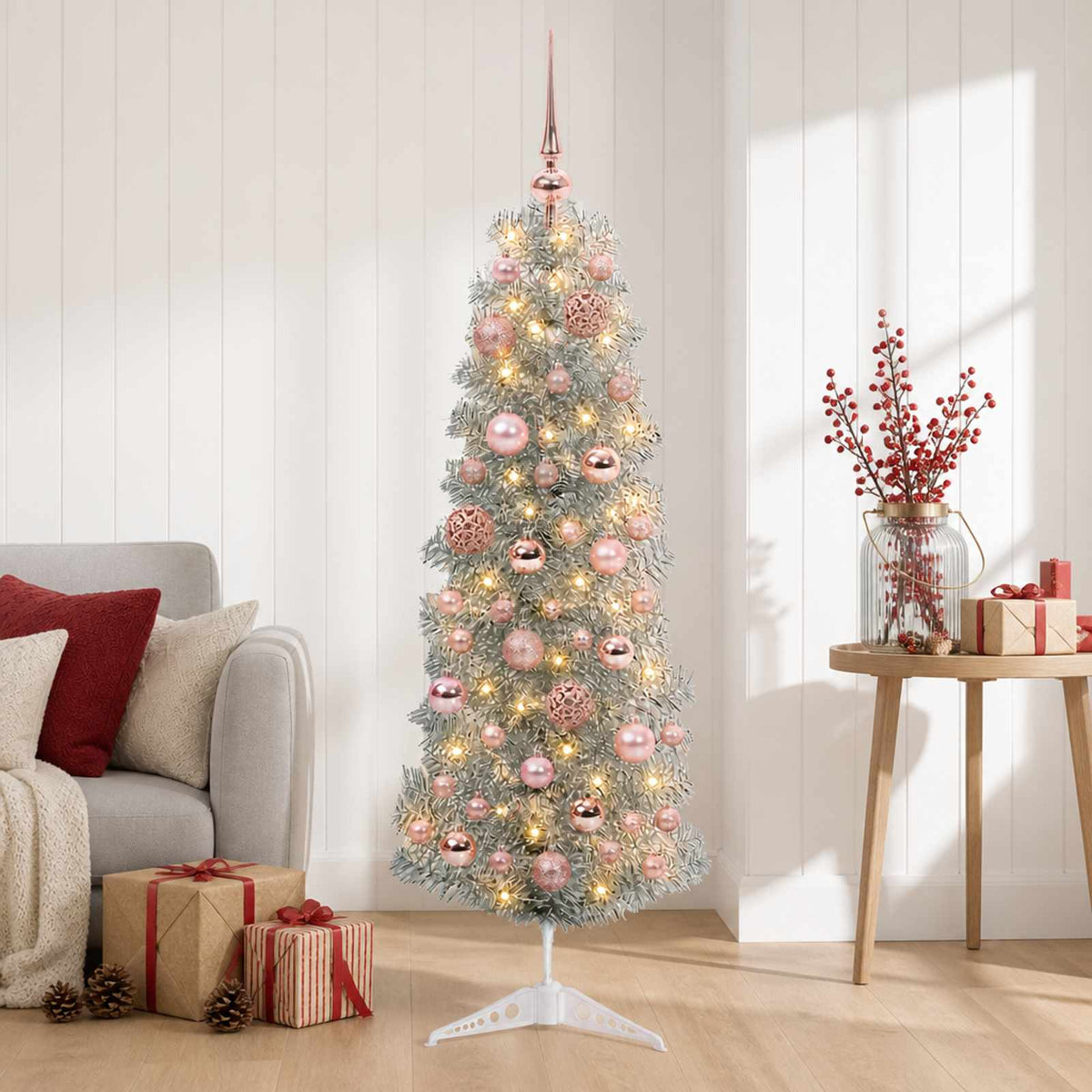 Artificial Slim Christmas Tree with Bauble 150 LEDs 150 cm with LEDs & pink balls