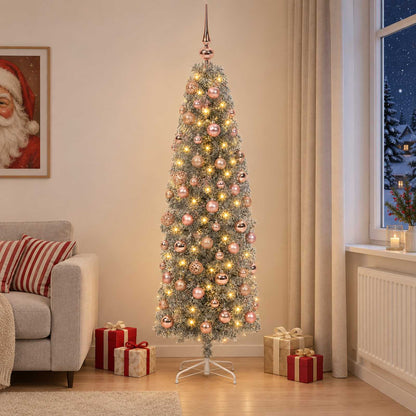 Artificial Slim Christmas Tree with Bauble 150 LEDs 180 cm with LEDs & pink balls