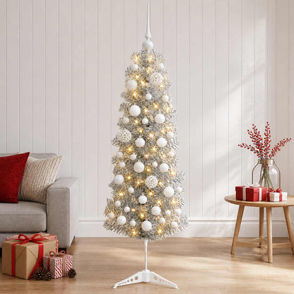 Artificial Slim Christmas Tree with Bauble 150 LEDs 150 cm with LEDs & white balls