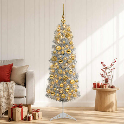 Artificial Slim Christmas Tree with Bauble 150 LEDs 150 cm with LEDs & gold/bronze balls