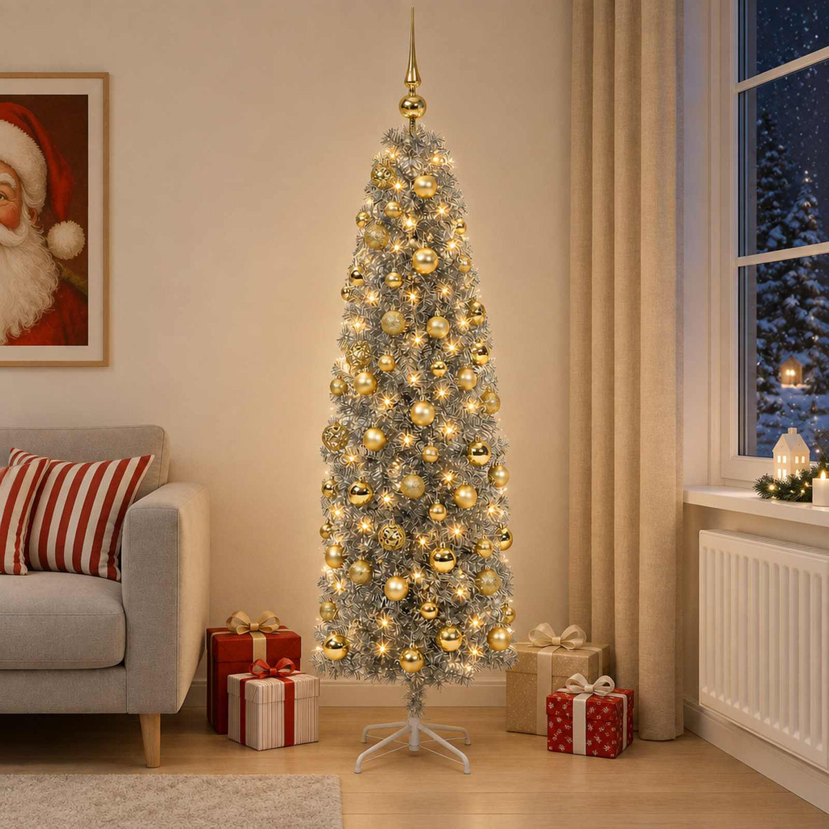 Artificial Slim Christmas Tree with Bauble 150 LEDs 180 cm with LEDs & gold/bronze balls