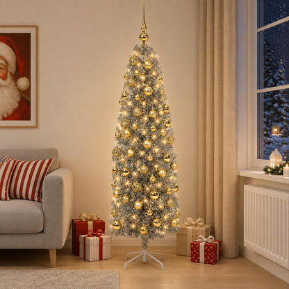 Artificial Slim Christmas Tree with Bauble 150 LEDs 180 cm with LEDs & gold/bronze balls