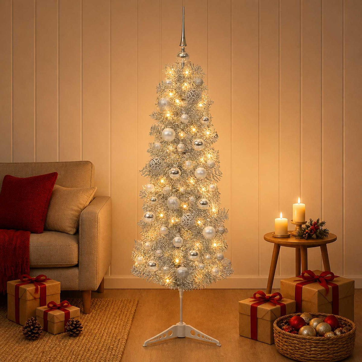 Artificial Slim Christmas Tree with Bauble 150 LEDs 150 cm with LEDs & silver balls