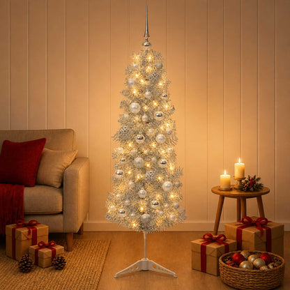 Artificial Slim Christmas Tree with Bauble 150 LEDs 150 cm with LEDs & silver balls