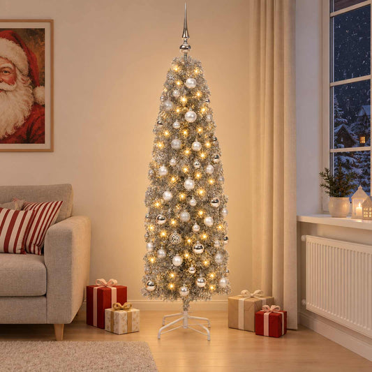 vidaXL Artificial Slim Christmas Tree with Bauble 180 cm 300 LEDs 1