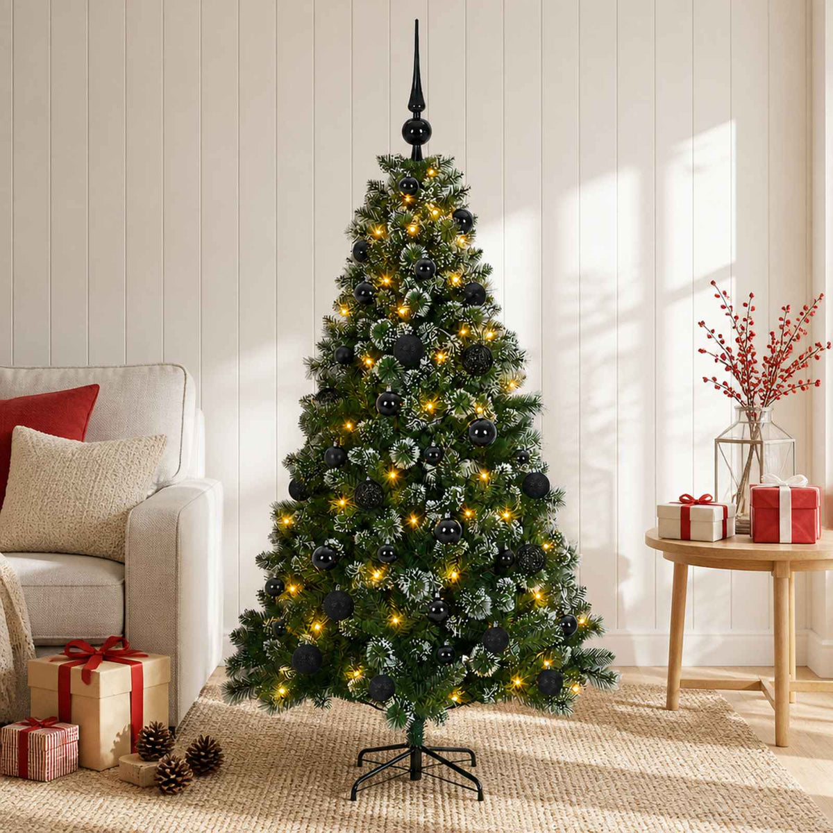 Artificial Christmas Tree with Bauble 150 LEDs 150 cm with LEDs & black balls