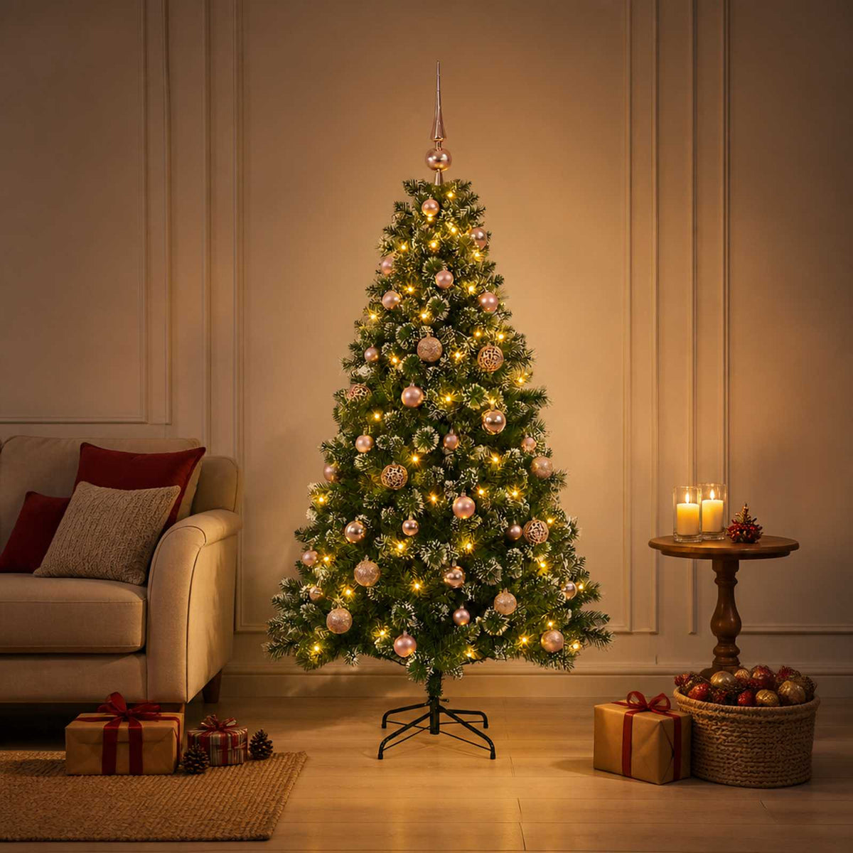 Artificial Christmas Tree with Bauble 150 LEDs 120 cm with LEDs & pink balls