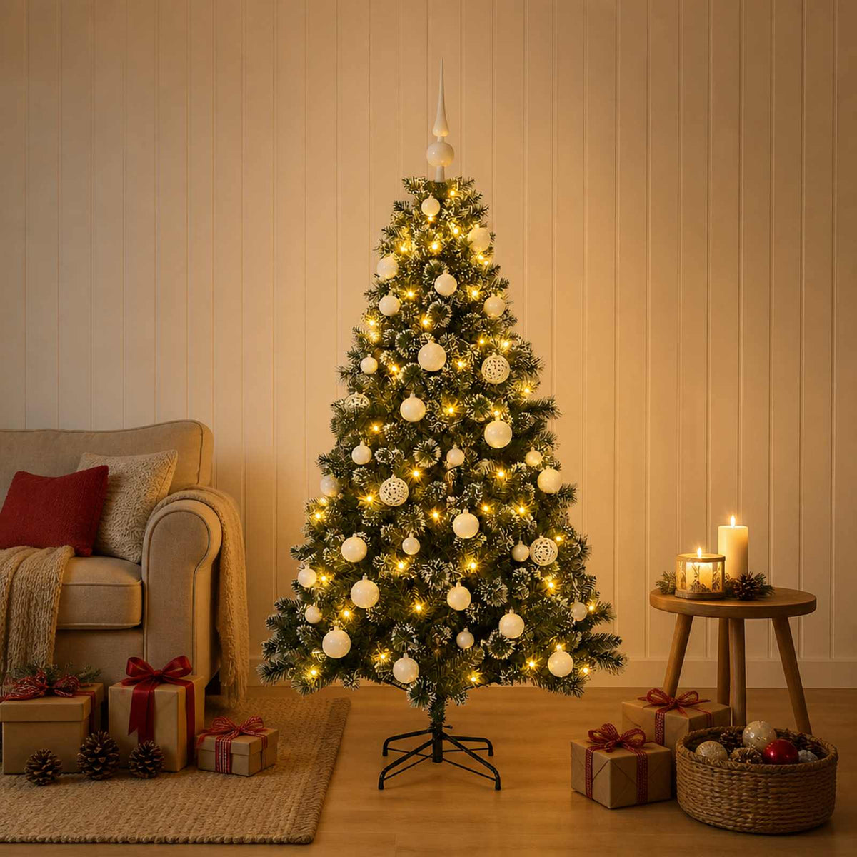 Artificial Christmas Tree with Bauble 150 LEDs 150 cm with LEDs & white balls