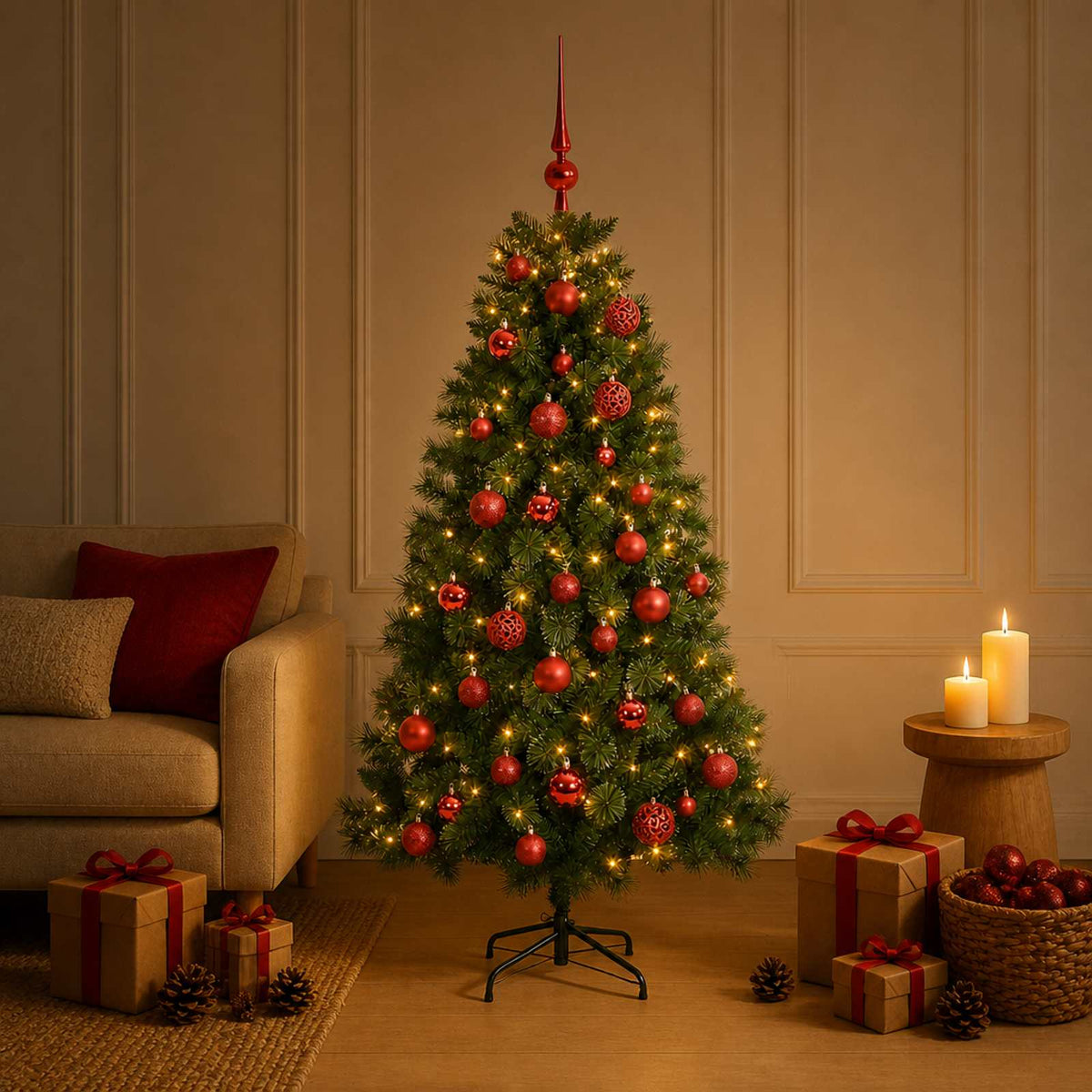 Artificial Christmas Tree with Bauble 150 LEDs 120 cm with LEDs & red balls