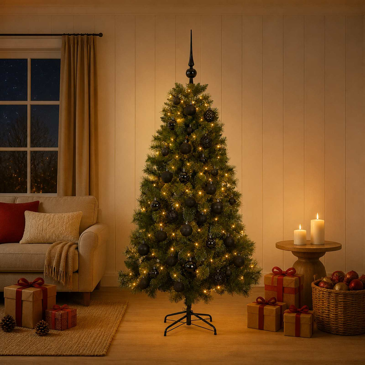 Artificial Christmas Tree with Bauble 150 LEDs 120 cm with LEDs & black balls