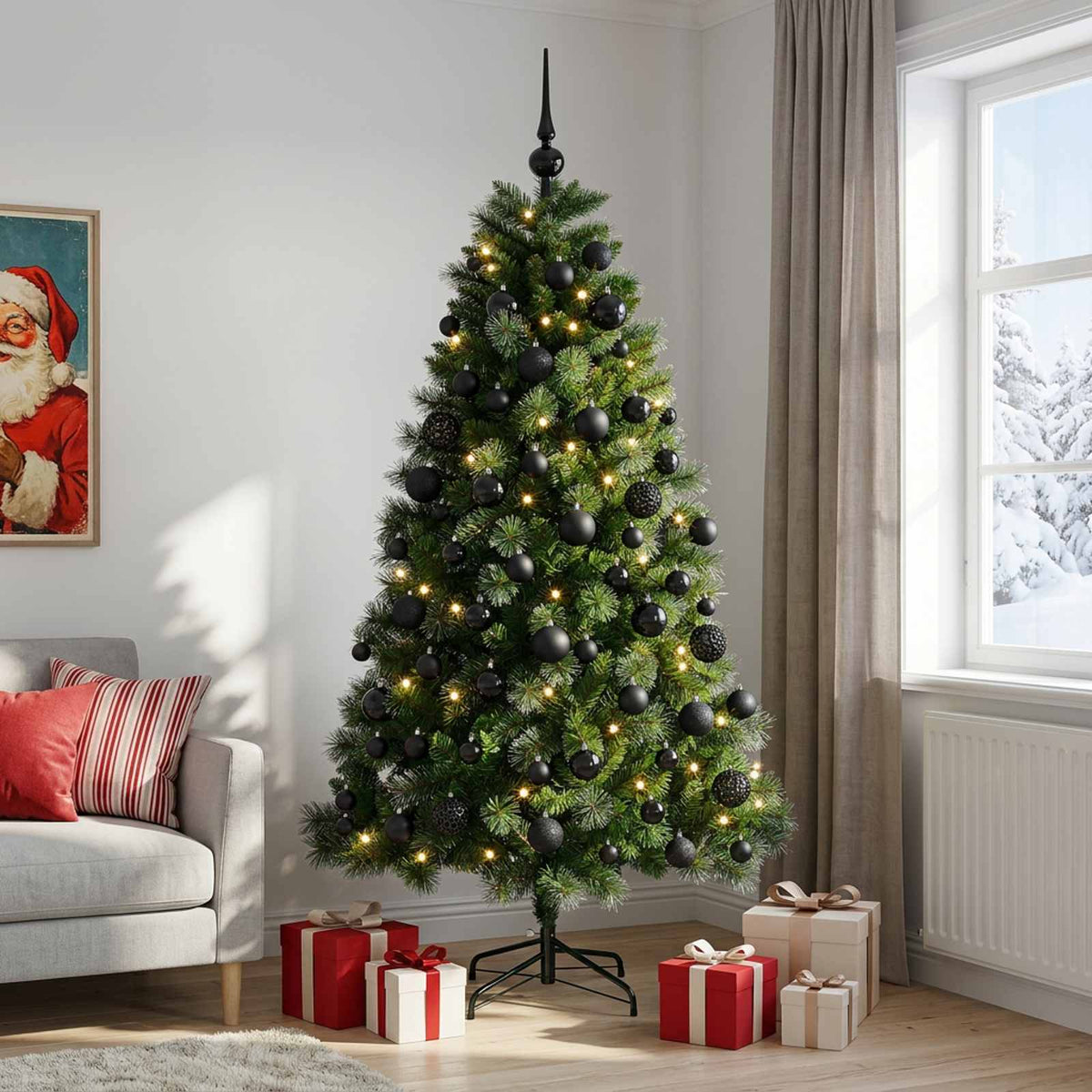 Artificial Christmas Tree with Bauble 300 LEDs 240 cm with LEDs & black balls