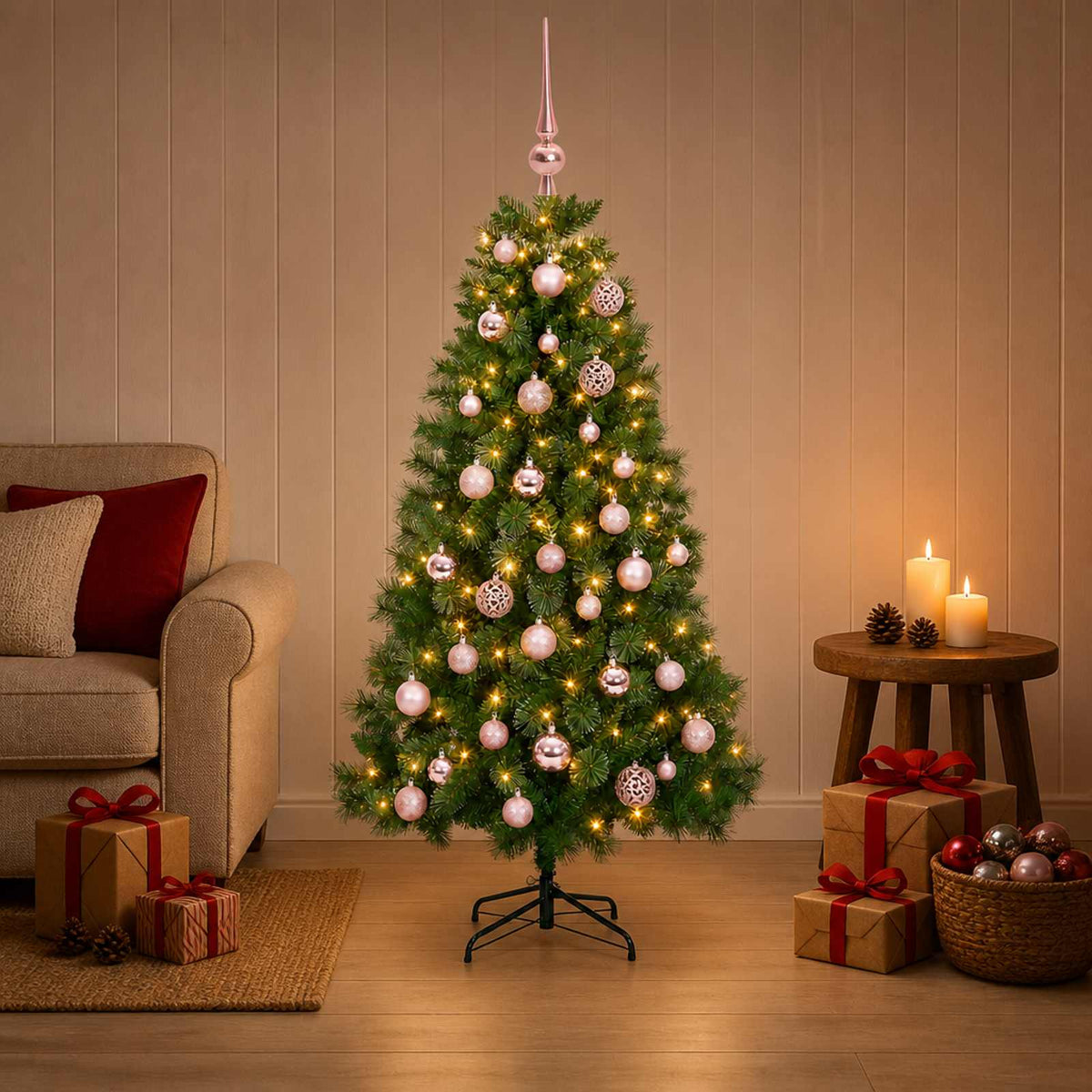 Artificial Christmas Tree with Bauble 150 LEDs 150 cm with LEDs & pink balls