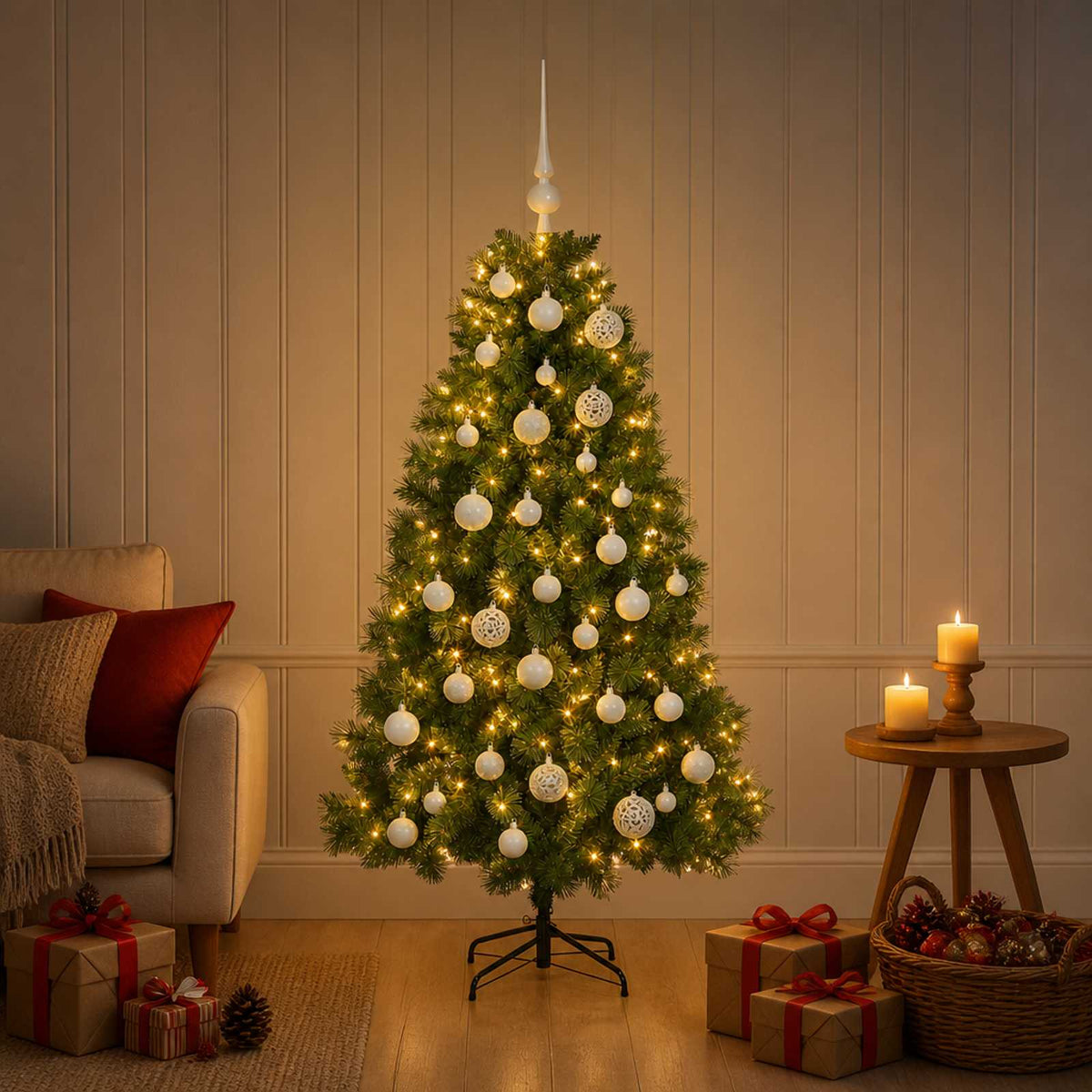 Artificial Christmas Tree with Bauble 150 LEDs 120 cm with LEDs & white balls