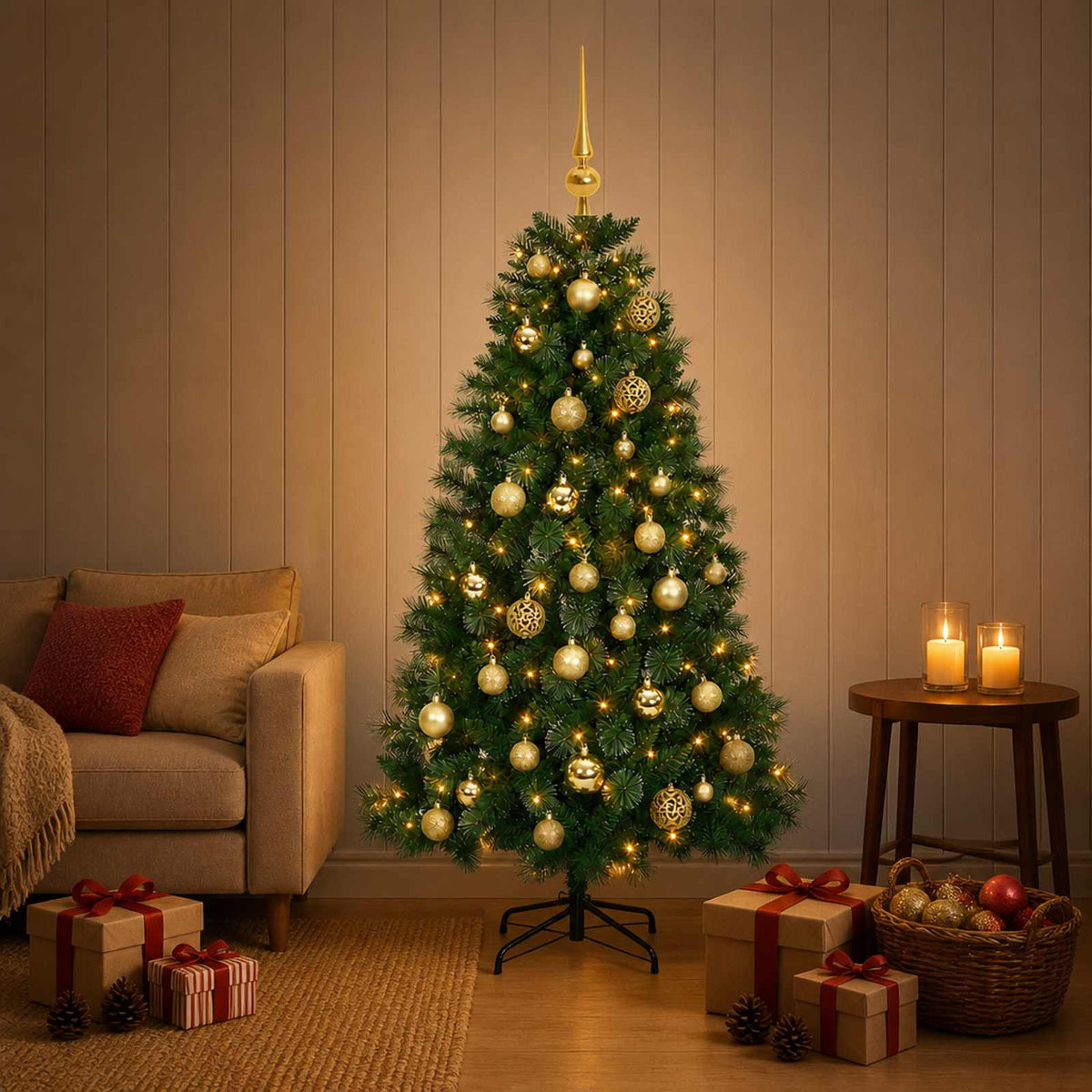 Artificial Christmas Tree with Bauble 150 LEDs 120 cm with LEDs & gold balls