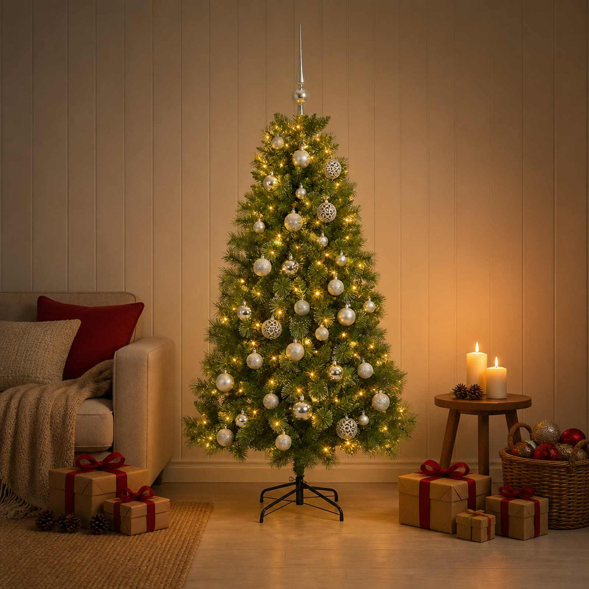 Artificial Christmas Tree with Bauble 150 LEDs 120 cm with LEDs & silver balls