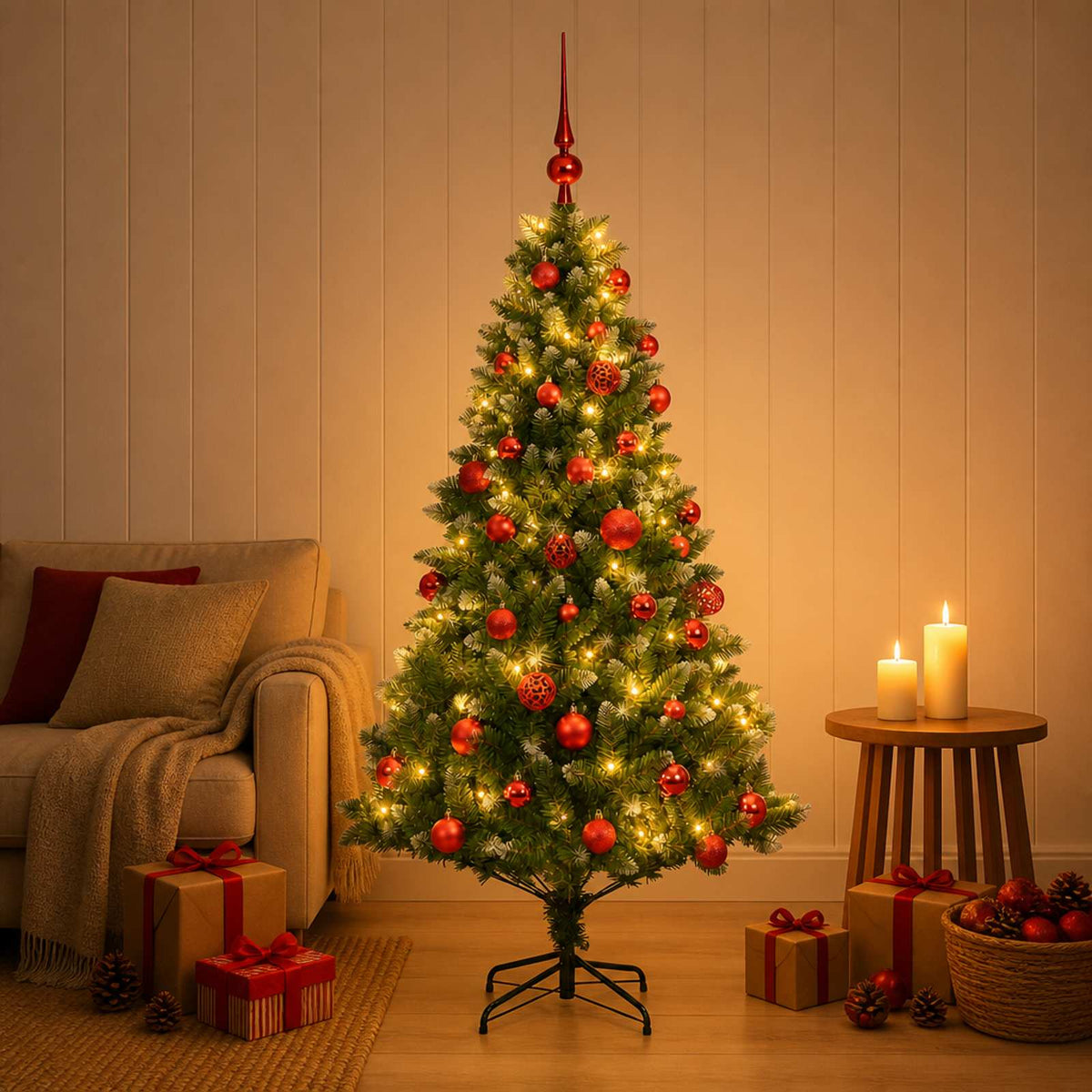 Artificial Christmas Tree with Bauble 150 LEDs 120 cm with LEDs & red balls