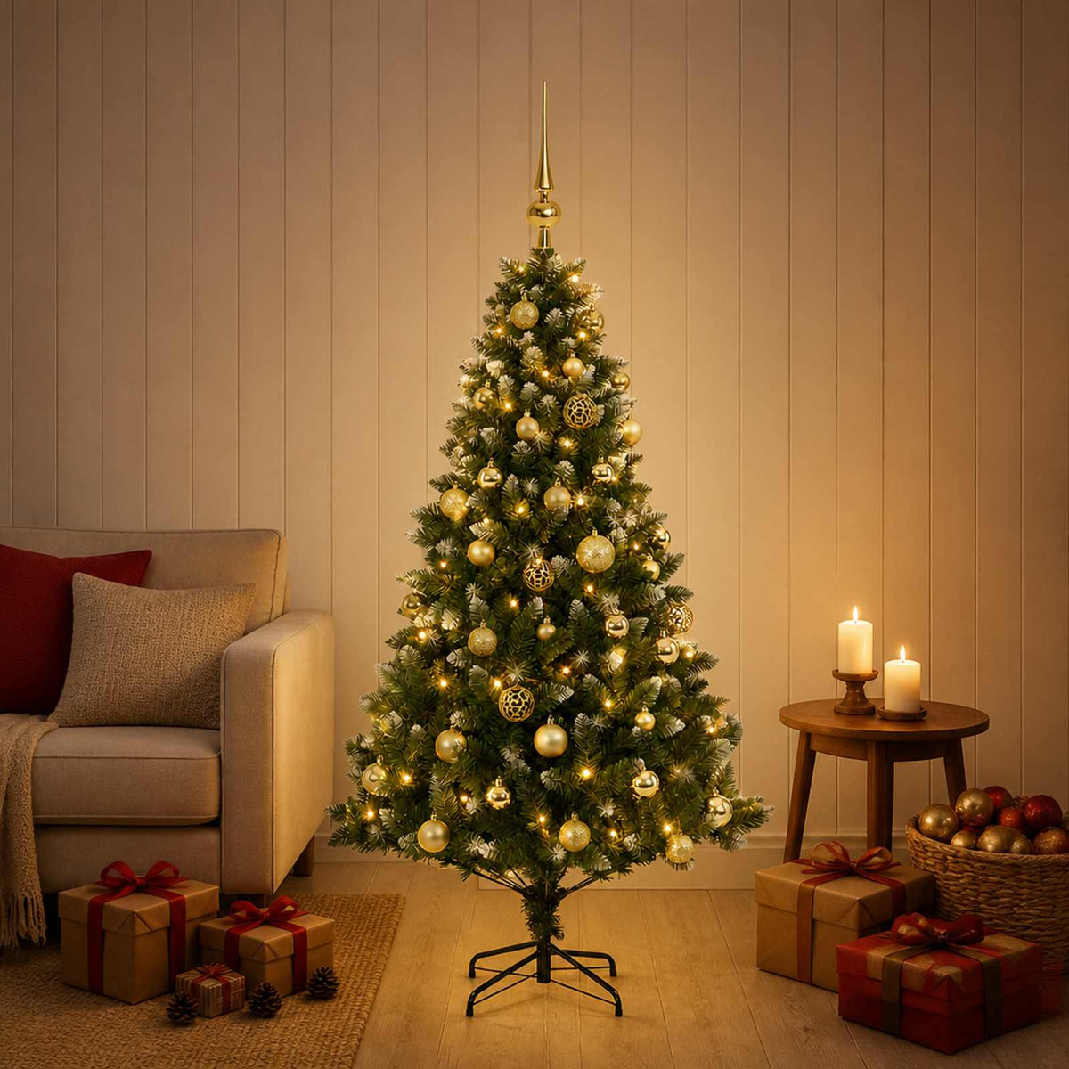 Artificial Christmas Tree with Bauble 150 LEDs 120 cm with LEDs & gold balls
