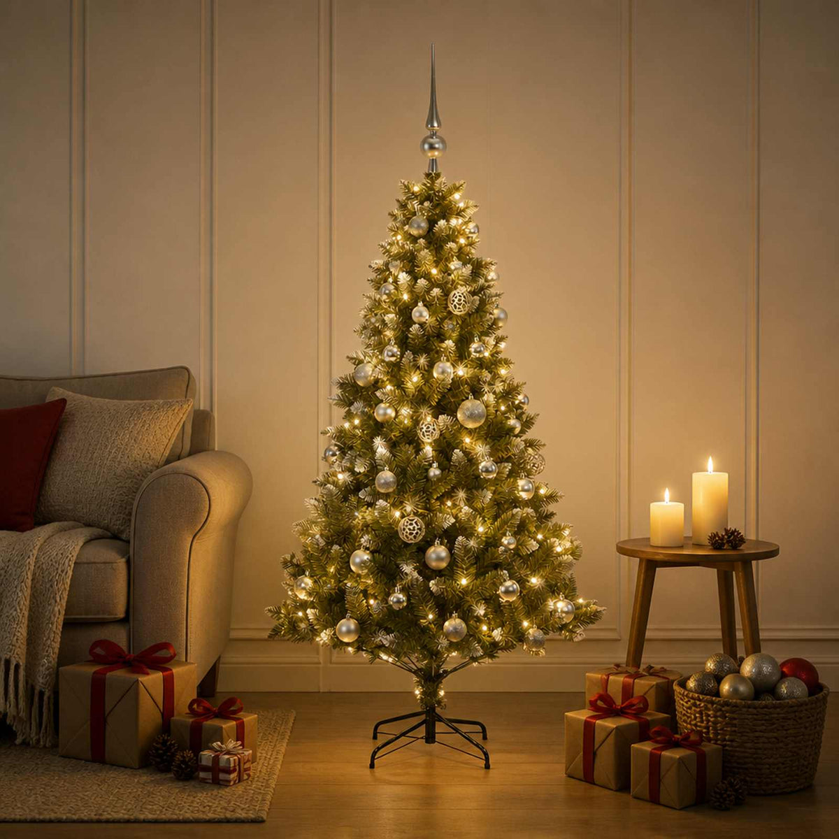 Artificial Christmas Tree with Bauble 150 LEDs 150 cm with LEDs & silver balls