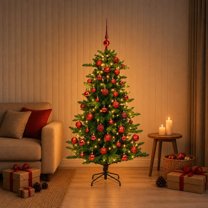 Artificial Christmas Tree with Bauble 150 LEDs 120 cm with LEDs & red balls