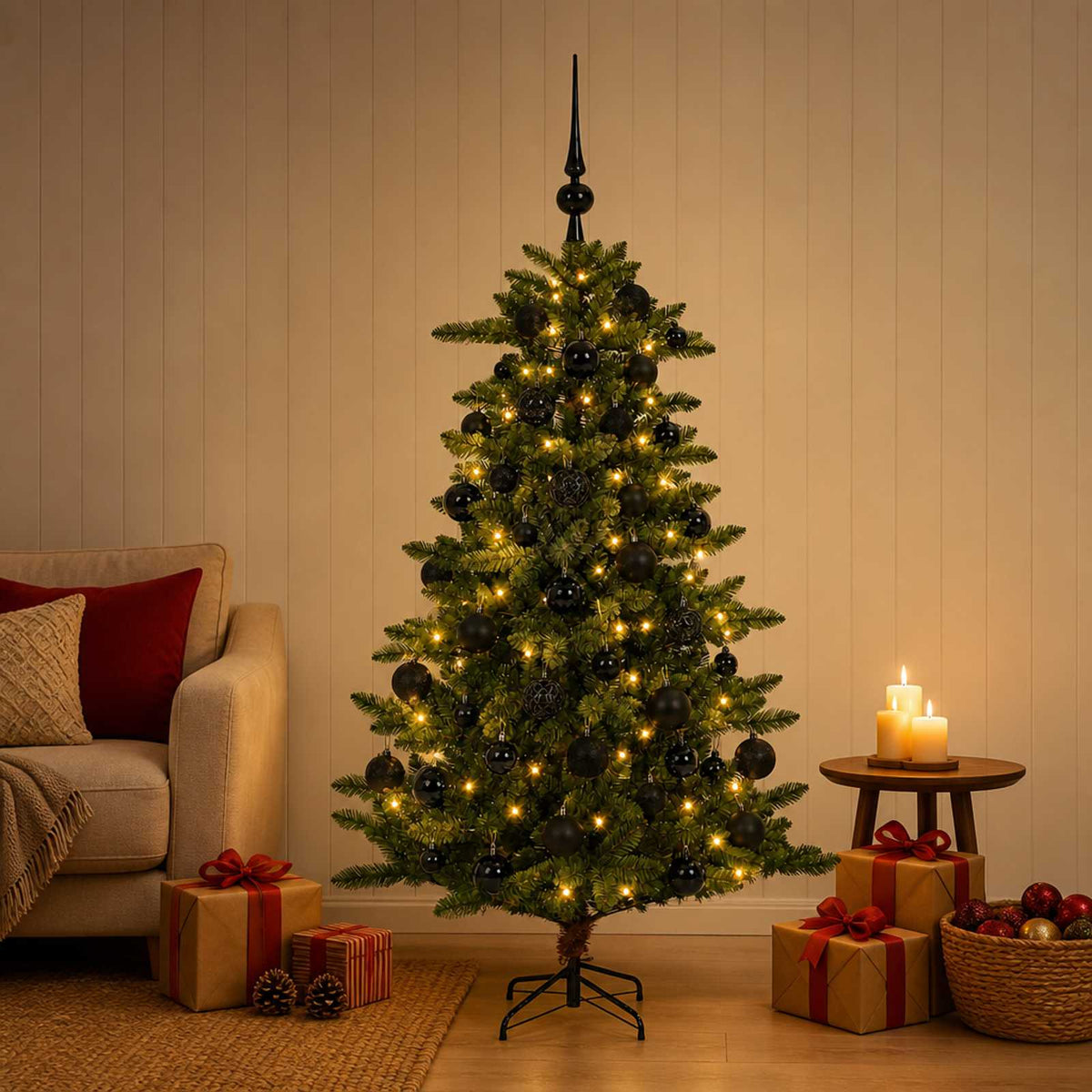 Artificial Christmas Tree with Bauble 150 LEDs 150 cm with LEDs & black balls
