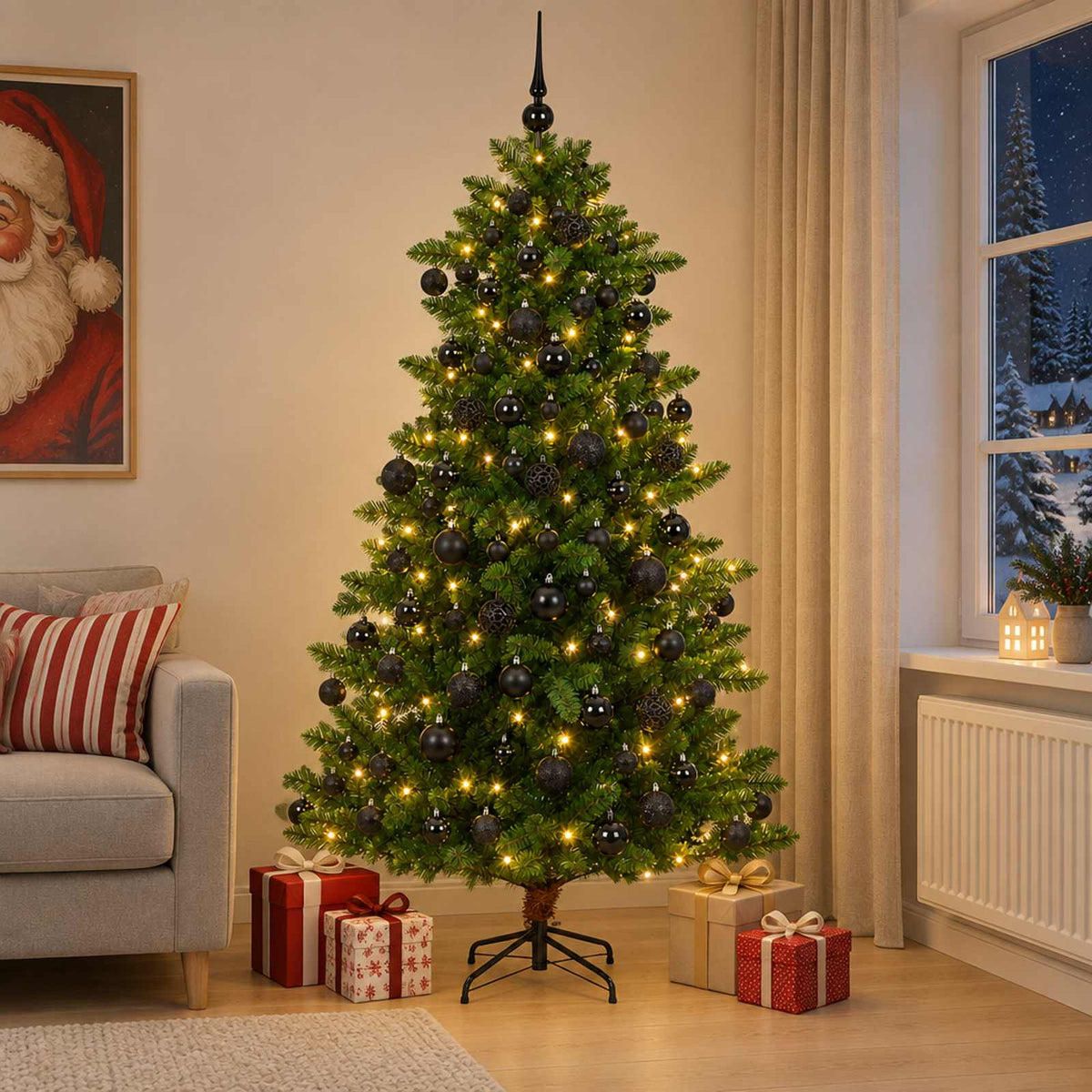 Artificial Christmas Tree with Bauble 300 LEDs 240 cm with LEDs & black balls