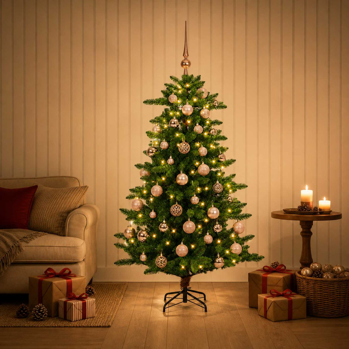 Artificial Christmas Tree with Bauble 150 LEDs 120 cm with LEDs & pink balls