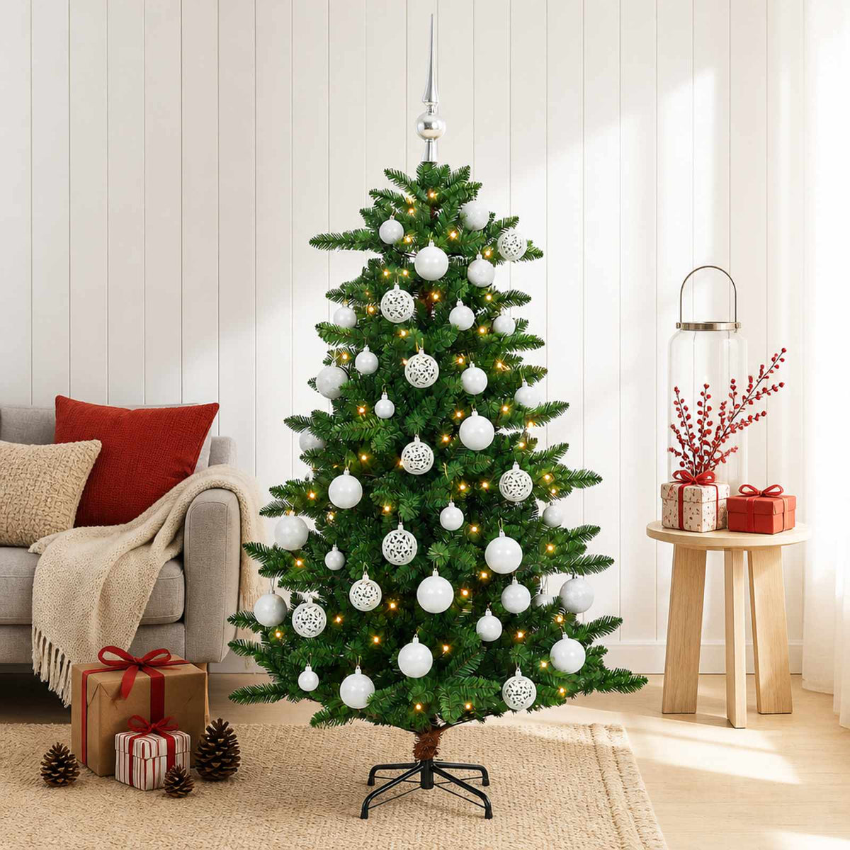 Artificial Christmas Tree with Bauble 150 LEDs 150 cm with LEDs & white balls