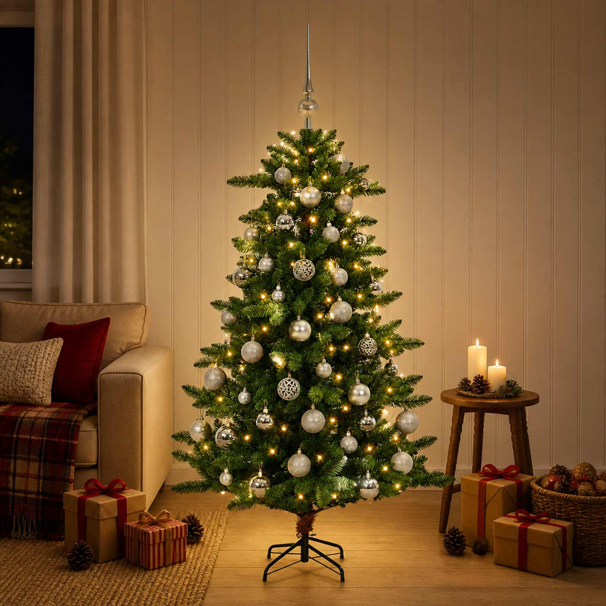 Artificial Christmas Tree with Bauble 150 LEDs 120 cm with LEDs & silver balls
