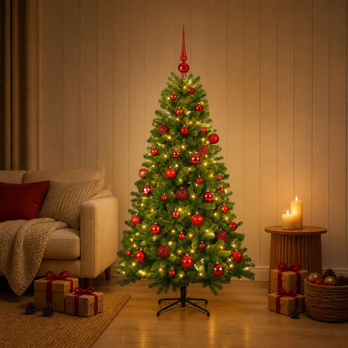 Artificial Christmas Tree with Bauble 150 LEDs 150 cm with LEDs & red balls