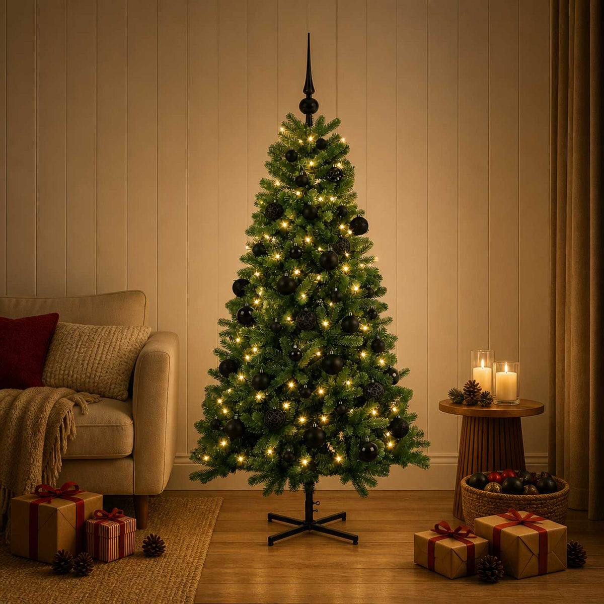 Artificial Christmas Tree with Bauble 150 LEDs 120 cm with LEDs & black balls