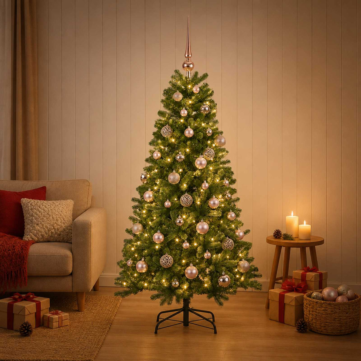 Artificial Christmas Tree with Bauble 150 LEDs 150 cm with LEDs & pink balls
