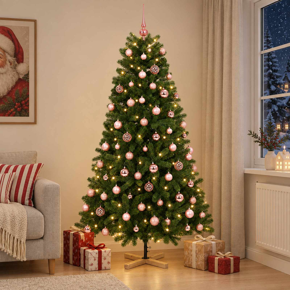 Artificial Christmas Tree with Bauble 300 LEDs 210 cm with LEDs & pink balls