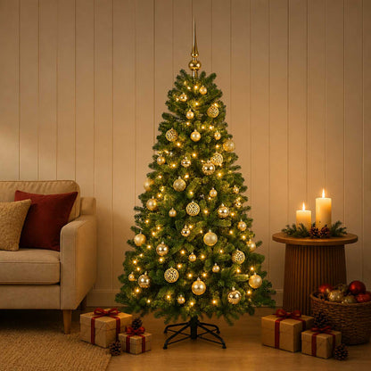 Artificial Christmas Tree with Bauble 150 LEDs 150 cm with LEDs & gold balls