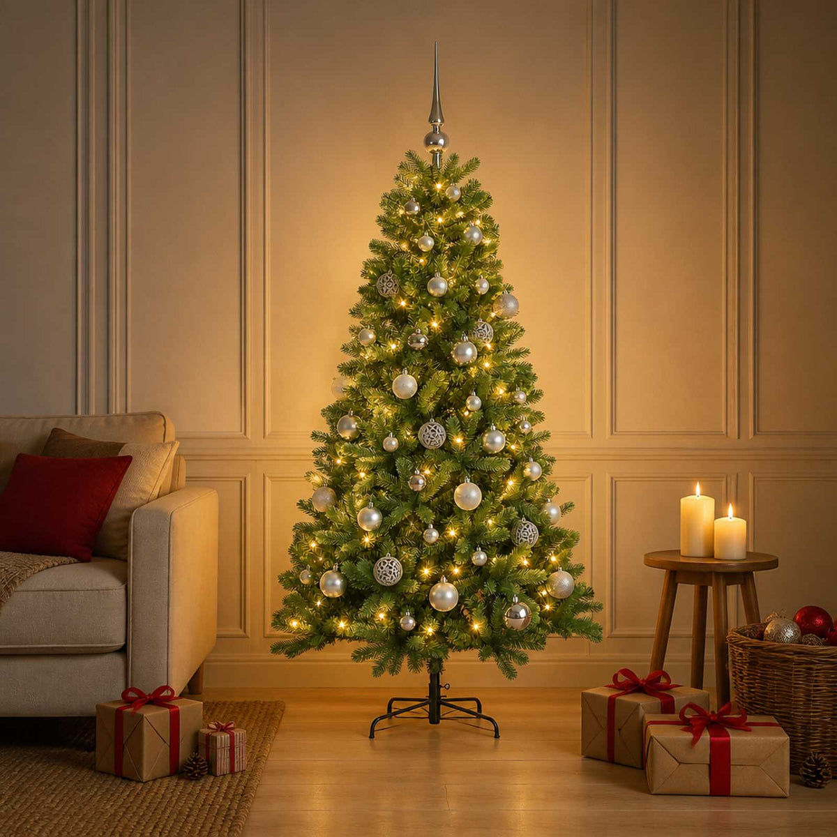 Artificial Christmas Tree with Bauble 150 LEDs 150 cm with LEDs & silver balls