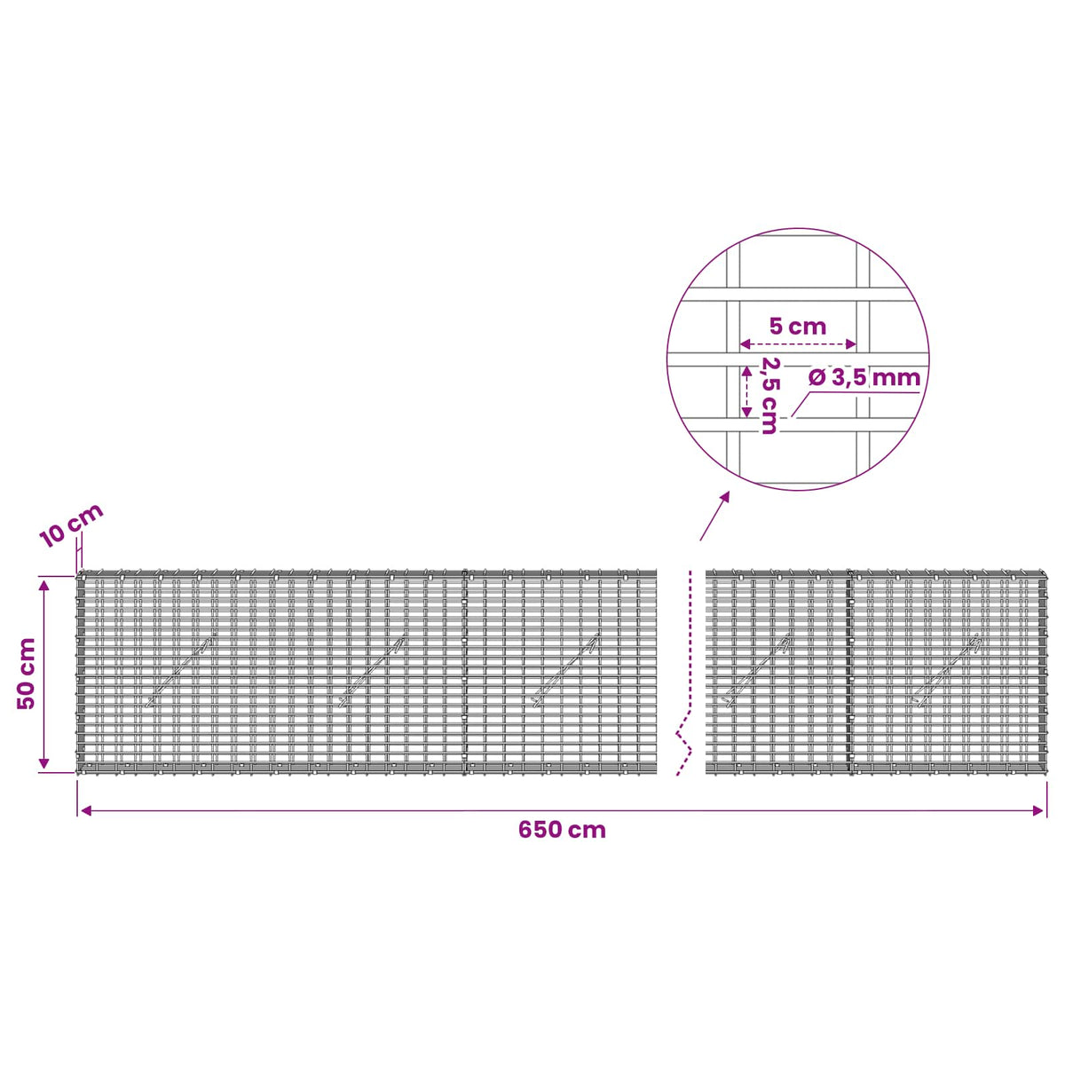 vidaXL Gabion with 3.5 mm Wire and 5x2.5 cm Mesh 650x10x50 cm 6