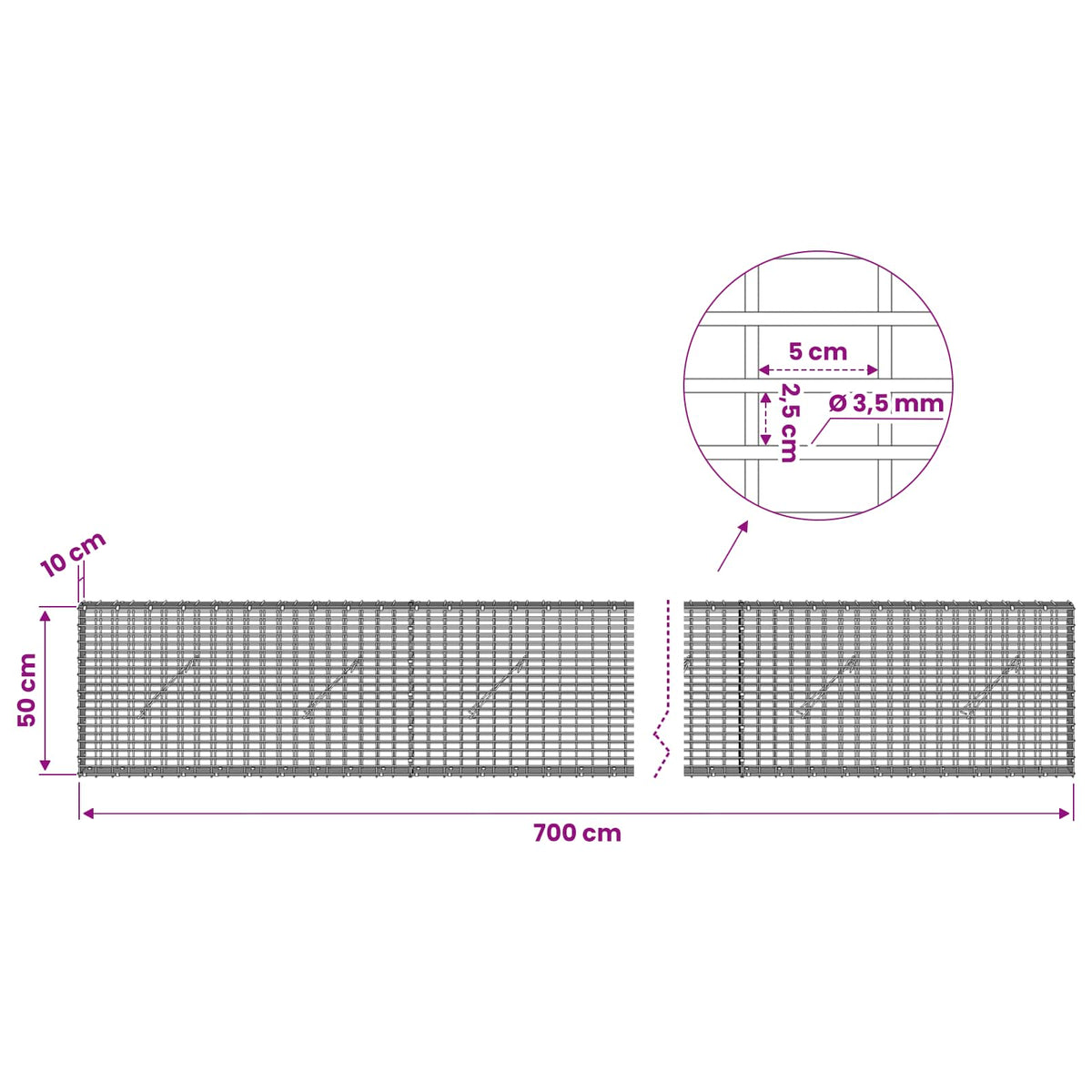 vidaXL Gabion with 3.5 mm Wire and 5x2.5 cm Mesh 700x10x50 cm 6