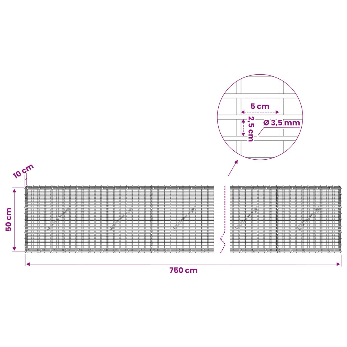 vidaXL Gabion with 3.5 mm Wire and 5x2.5 cm Mesh 750x10x50 cm 6