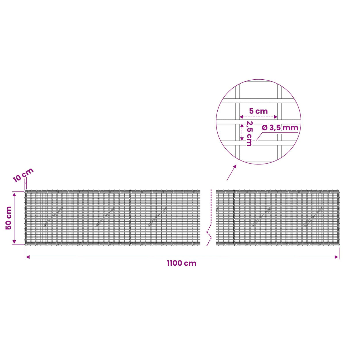 Gabion with 3.5 mm Wire and 5x2.5 cm Mesh 1050x10x50 cm 1100 cm