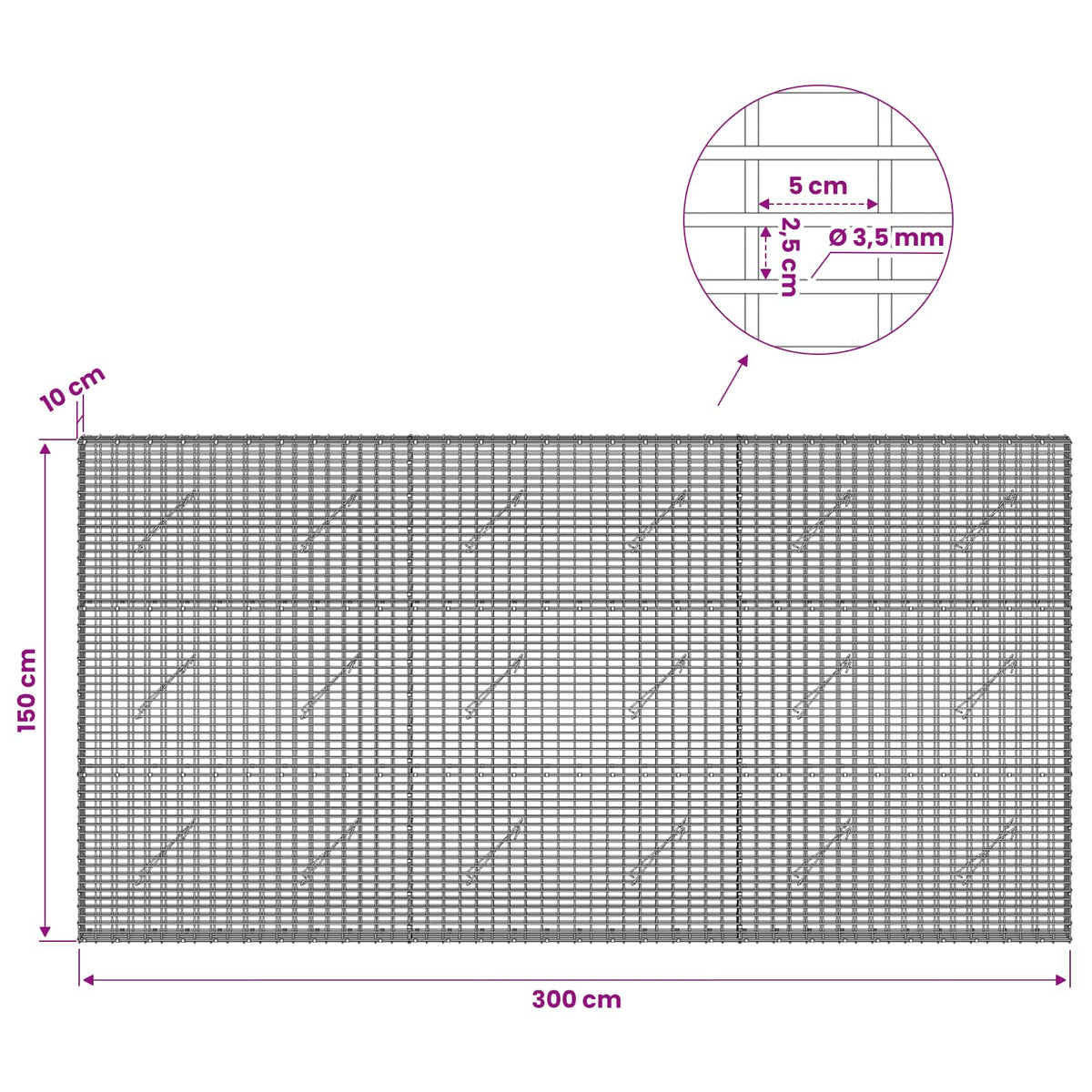 vidaXL Gabion with 3.5 mm Wire and 5x2.5 cm Mesh 300x10x150 cm 6