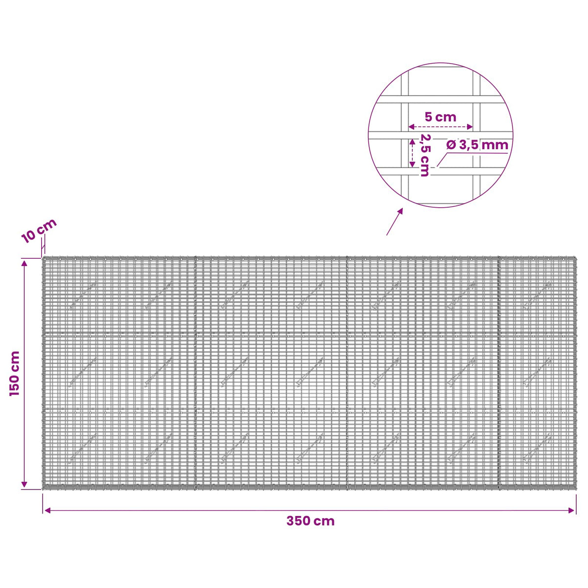 vidaXL Gabion with 3.5 mm Wire and 5x2.5 cm Mesh 350x10x150 cm 6