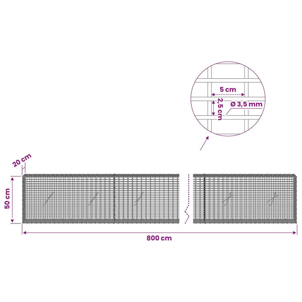 vidaXL Gabion with 3.5 mm Wire and 5x2.5 cm Mesh 800x20x50 cm 6