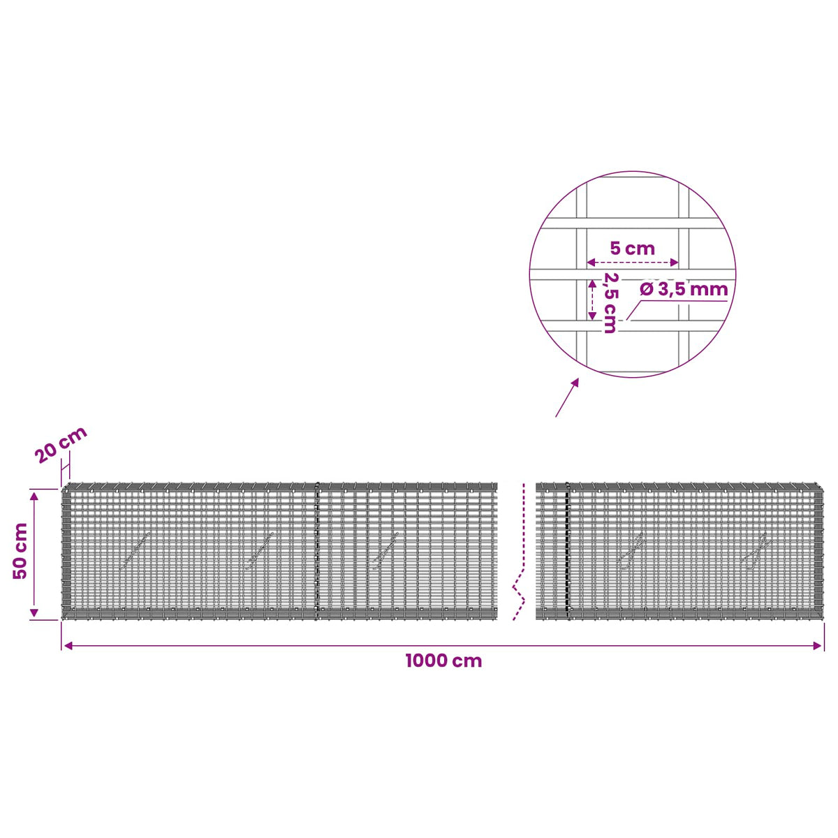 vidaXL Gabion with 3.5 mm Wire and 5x2.5 cm Mesh 1000x20x50 cm 6