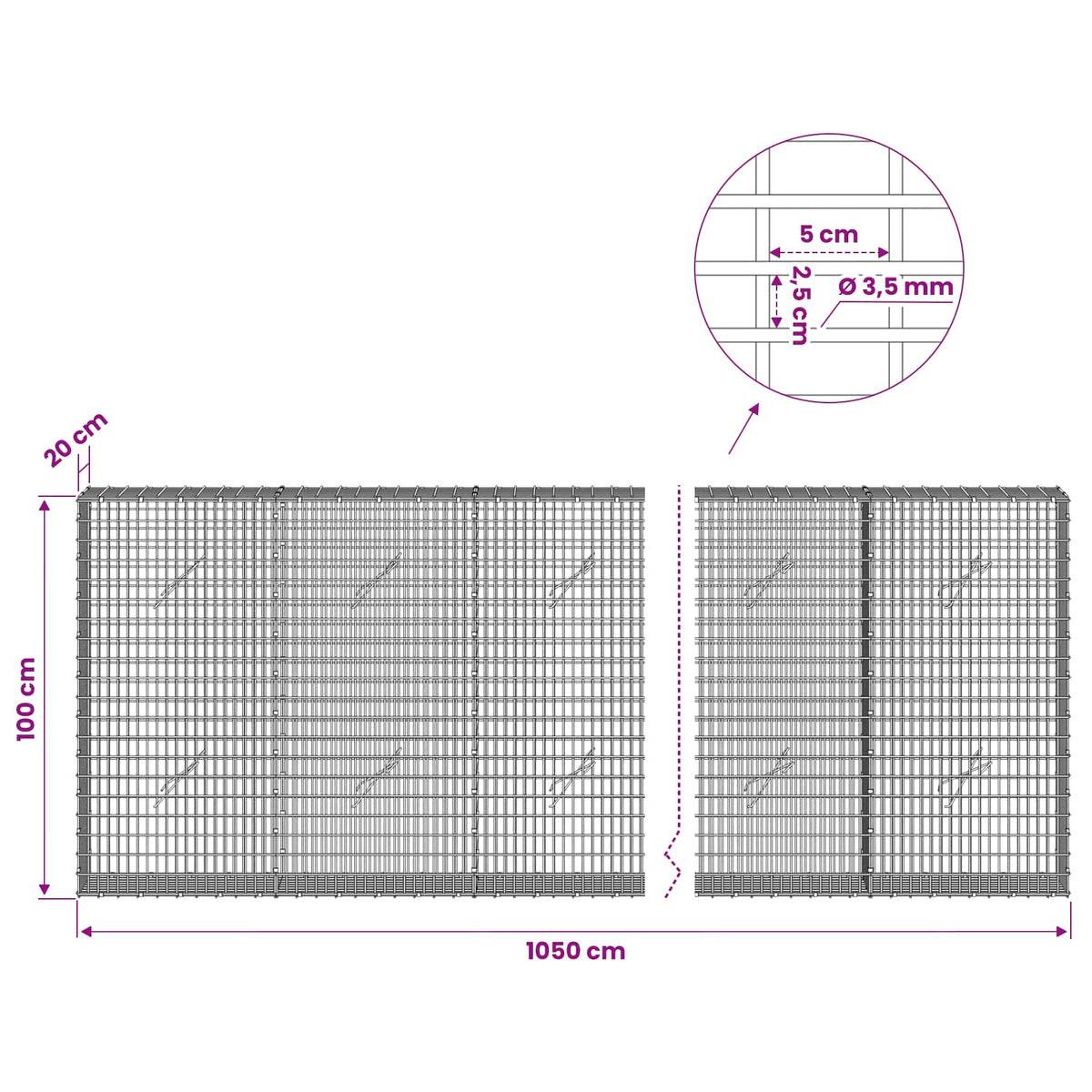 Gabion with 3.5 mm Wire and 5x2.5 cm Mesh 1050x20x100 cm 1050 cm