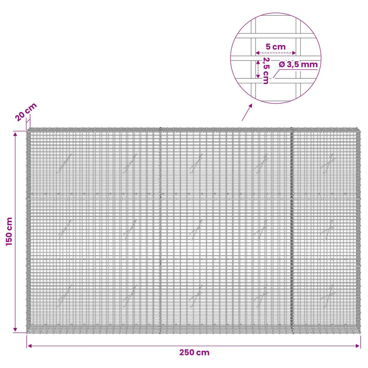vidaXL Gabion with 3.5 mm Wire and 5x2.5 cm Mesh 250x20x150 cm 6