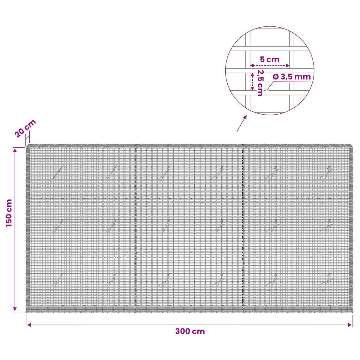 vidaXL Gabion with 3.5 mm Wire and 5x2.5 cm Mesh 300x20x150 cm 6