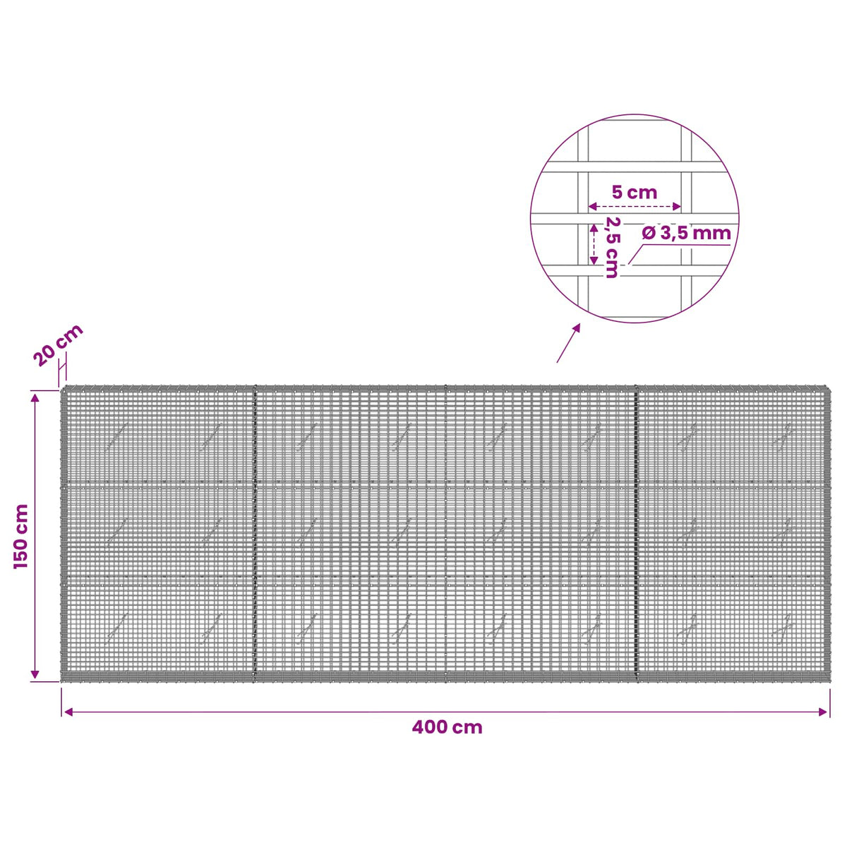 vidaXL Gabion with 3.5 mm Wire and 5x2.5 cm Mesh 400x20x150 cm 6