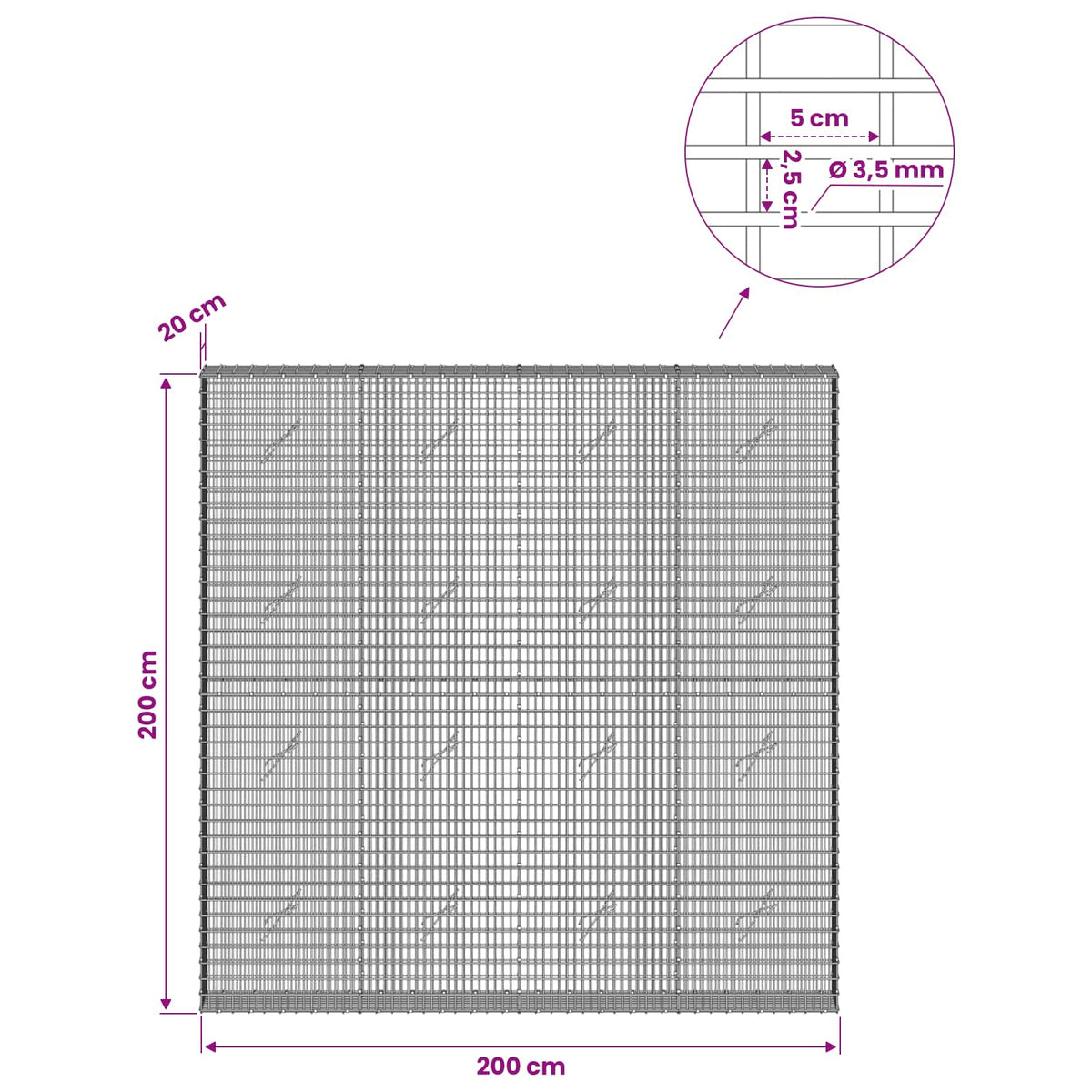 vidaXL Gabion with 3.5 mm Wire and 5x2.5 cm Mesh 200x20x200 cm 6