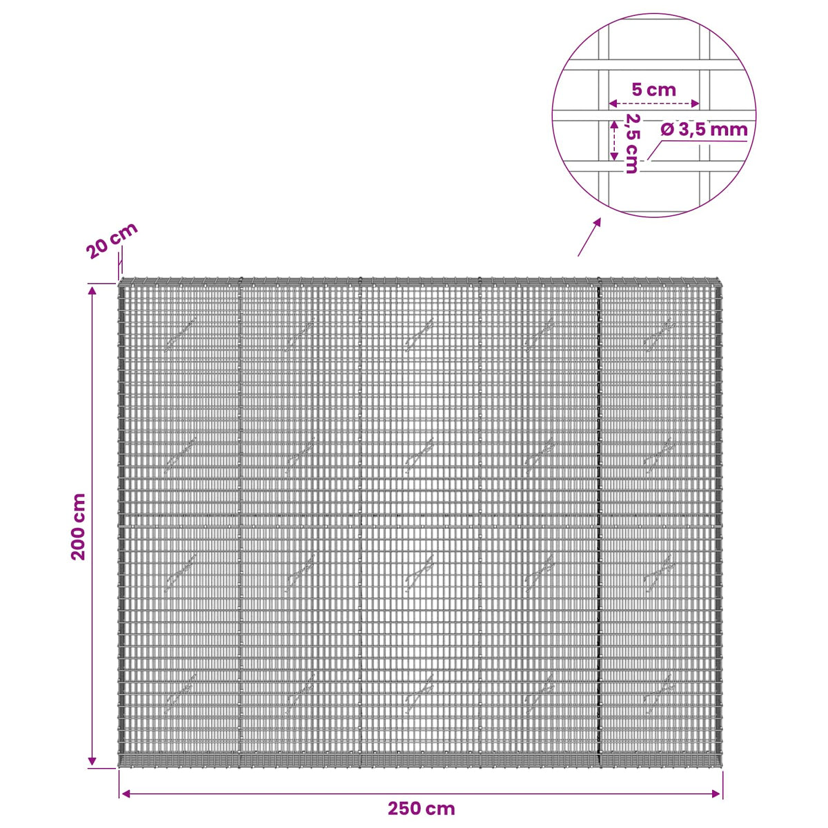 vidaXL Gabion with 3.5 mm Wire and 5x2.5 cm Mesh 250x20x200 cm 6